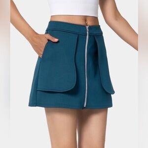 HALARA Mid Rise Front Zip Side Pocket Plain Mini Skirt Deep Prussian Blue Size M